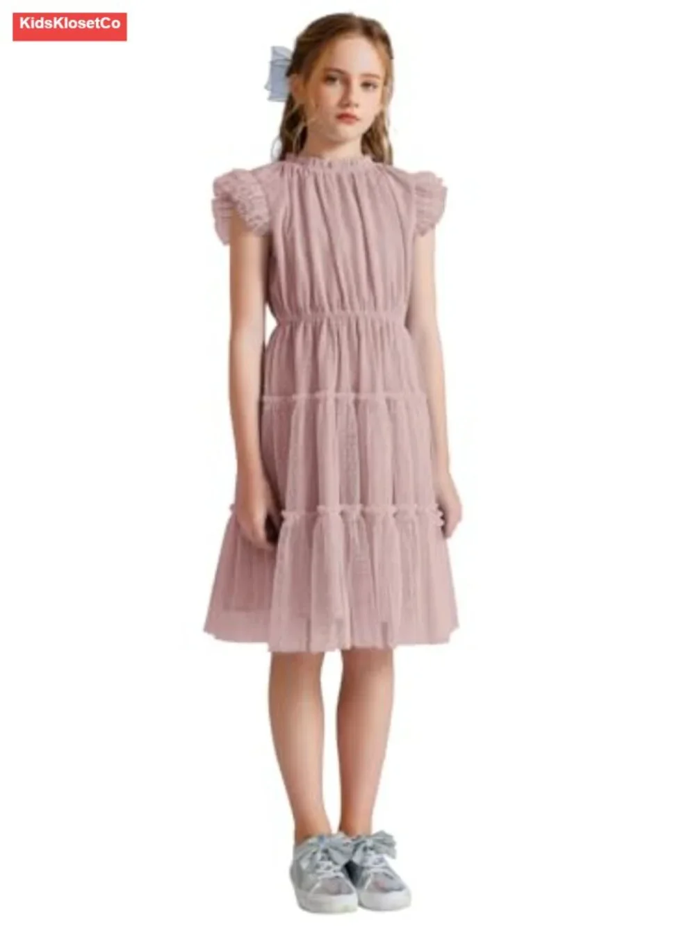 Girls Tulle Dress Three Layers Ruffle Sleeve Tiered Skirt Party Casual